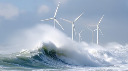 Powerful ocean waves crashing against wind turbines in a dramatic coastal scene, showcasing renewable energy and nature's force in harmony