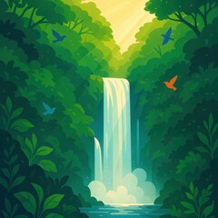 Lush illustrated rainforest waterfall cascading into turquoise pool framed by ferns and tropical flowers in vector art style