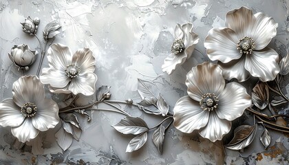 Metallic flowers bloom on a textured gray canvas, casting subtle shadows with polished petals and budding accents