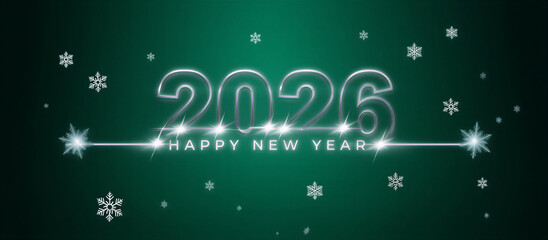 2026 New Year Celebration Design: Glowing Digital Text & Festive Teal Background with Sparkling Particles for Future Events.