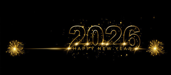 2023 New Year Golden Shimmering Text. Festive Celebration with Sparkling Lights on Black Background.