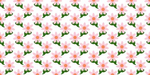 Seamless floral pattern with small pink daisy flowers and green leaves on a soft white background, creating a cute and natural design perfect for wallpaper, fabric, and spring themes © Muminah