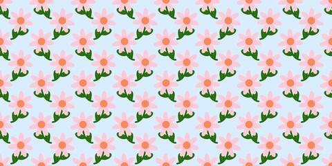 Seamless floral pattern with small pink daisy flowers and green leaves on a soft blue background, creating a cute and natural design perfect for wallpaper, fabric, and spring themes © Muminah