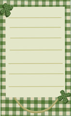Green gingham border stationery with a lined light green notepad area, adorned with two grid-patterned shamrock clips and a curved decorative element.