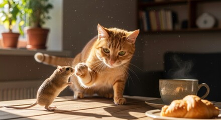 Playful Encounter: A curious ginger cat in a domestic setting engages in a playful moment with a tiny mouse, illuminated by soft sunlight.