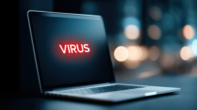 Laptop displaying a warning message about a computer virus, illuminated screen with blurred background creating a sense of urgency and concern - Powered by Adobe