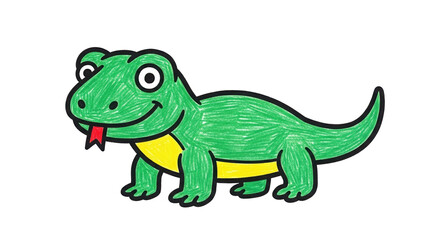 Obraz premium Cute Green Lizard Cartoon Drawing with Red Tongue.