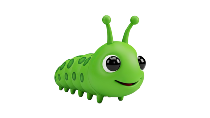 3D Cute cartoon green caterpillar with big eyes and a smile on transparent background