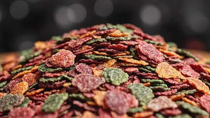 A vibrant and abundant closeup of colorful fish food flakes meticulously piled high showcasing the diverse nutritional elements essential for aquatic pets creating an appealing visual texture for pet.