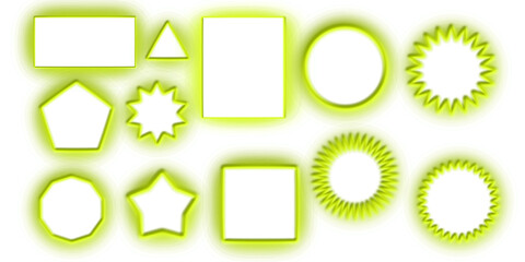 A collection of various neon green glowing geometric and abstract shapes on a white background.