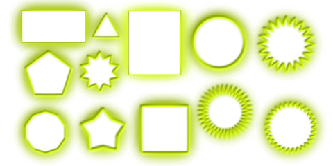 A collection of various neon green glowing geometric and abstract shapes on a white background.
