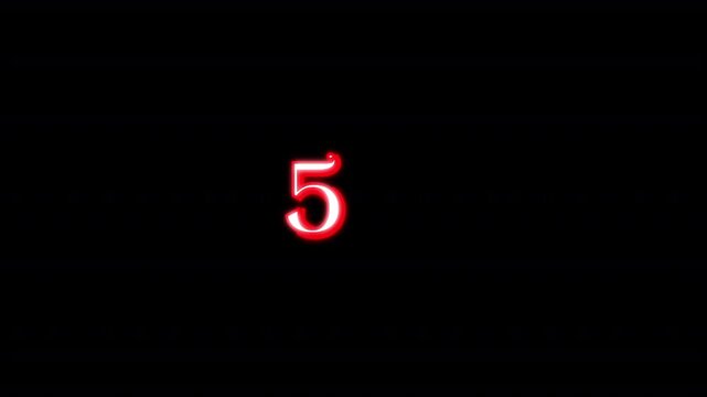 10 Seconds Vintage Film Countdown, White Text with Red Stroke on Black Background, Glow Effect Animation