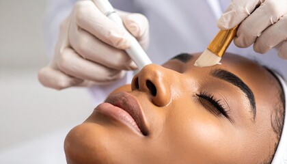 Close-up of a woman receiving a professional facial treatment, with gloved hands applying a face mask with a brush and using an aesthetic device.
