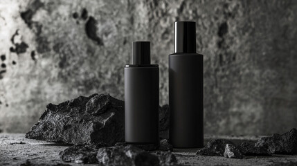 Black bottles on rough surface with dark rocks and textured background in a studio setting