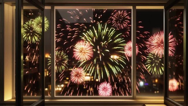 Window View of the Burst. Chinese New Year. Looking through a modern, apartment window (showing slight interior warmth and reflections) as a huge firework burst fills the entire pane of glass outside.