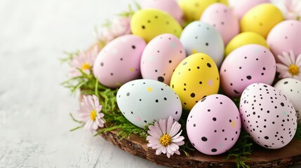 An Easter egg backgrowith a rustic wooden table setting, showcasing eggs and fresh flowers for a cozy and natural aesthetic , product photography with high resolution, advertising style