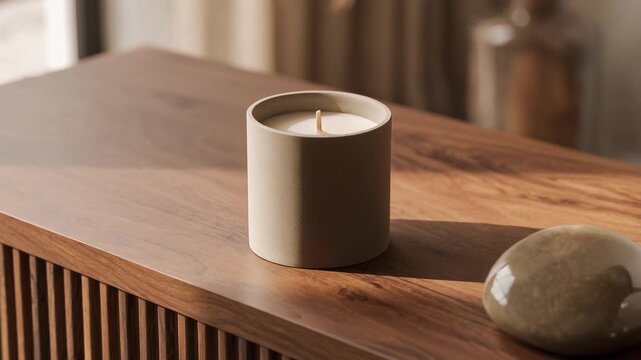Minimalist scented candle, ceramic jar on a wooden cabinet with a decorative polished stone and soft morning sunlight for cozy home atmosphere and interior decor.