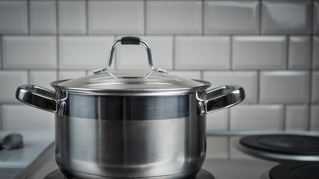 Stainless steel pot, cooking pan on an electric stove burner in a modern kitchen with white subway tile backsplash for culinary and home cooking concepts.