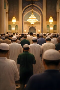 Muslim Men Praying Together in Mosque During Ramadan, Islamic Religious Gathering for Salah and Spiritual Devotion