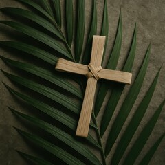 Palm leaves crossed over stone surface with woven palm cross symbolizing Lent Holy Week and Good Friday reflections in soft natural light