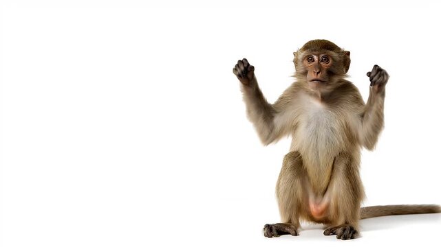 Monkey sitting on white background with arms raised in surprise.