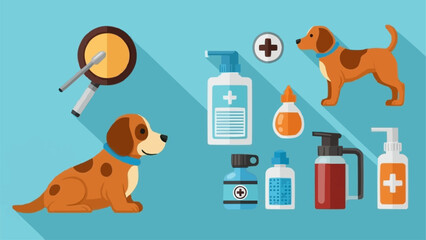 Dog health and grooming supplies flat design illustration.