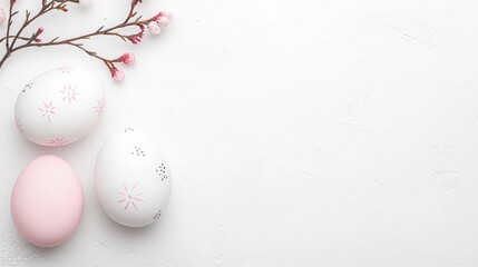 A minimalist Easter egg backgrowith a single, beautifully decorated egg on a white surface, highlighting simplicity and elegance for Easter celebrations , product photography with high resolution,