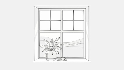 Drawing of a window with a plant and a landscape view.