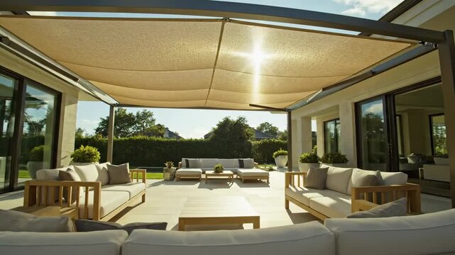 Modern solar shade awning over a luxury retractable patio cover for outdoor living space design, contemporary exterior shade, and home patio upgrade inspiration