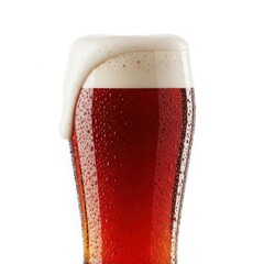 A close up shot of a refreshing amber ale beer with a thick foamy head against a white background