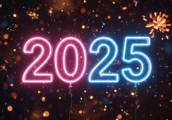 Vibrant neon 2025 sign illuminates a festive background with bokeh lights and fireworks