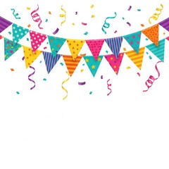 Colorful festive bunting flags and confetti create a joyful celebration background