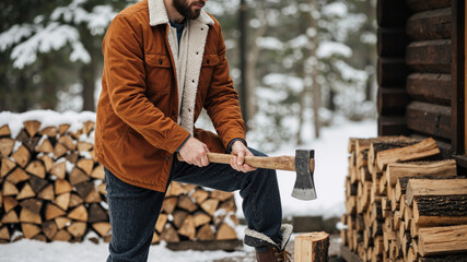 Man chopping wood with an axe outside a log cabin in the snow during winter