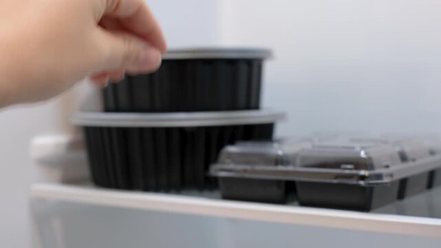 A female hand holds a plastic round box with food against the background of refrigerator, concept of food delivery and storage.