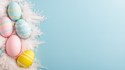 A serene Easter egg backgrofeaturing eggs placed on a bed of soft, white feathers, creating a tranquil and luxurious Easter aesthetic , product photography with high resolution, advertising style