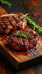Two grilled steaks on a wooden board with rosemary and salt, beautifully showcasing juicy redness and cooked surface texture