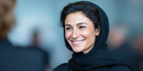 Meeting lady event business businesswoman woman colleague happy arab culture discussion executive networking work muslim headscarf talking lady smiling colleague during meeting event modern