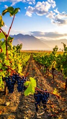 Lush vineyard rows lead to distant mountains under a vibrant blue sky with scattered clouds in the late afternoon sun