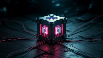 Futuristic Neon Cube With Pink Glow And Wires On Dark Tech Surface