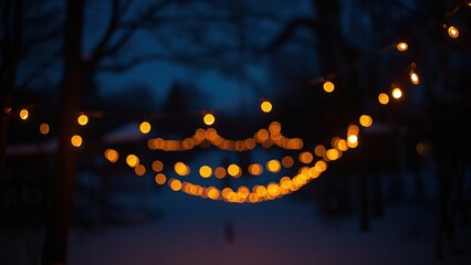 String of warm, glowing orange fairy lights illuminated in the dark night, creating a festive and magical bokeh effect outdoors.