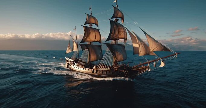 A cinematic wide establishing shot of a ghost ship sailing across the vast ocean under a serene sky