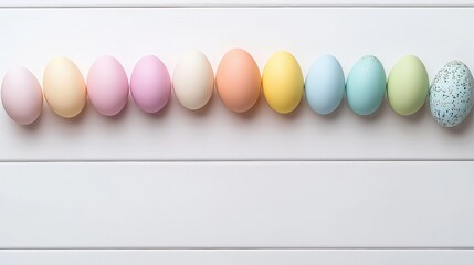 A festive Easter egg backgrowith eggs arranged in a rainbow on a white table, emphasizing vibrant and celebratory Easter decor , product photography with high resolution, advertising style