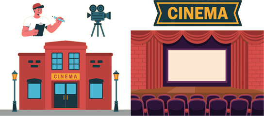 Cinema theater building exterior and stage interior with red curtains movie screen director character and retro film camera