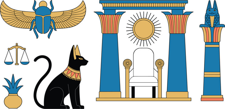 Ancient Egypt vector set featuring black cat Bastet, golden winged scarab, throne between columns, scales of justice, and Anubis pillar icon