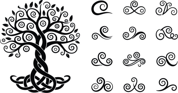 Celtic tree of life vector with braided trunk and intricate roots including decorative black swirl flourishes for mystical spiritual tattoo design or organic branding
