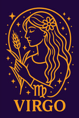 Vector illustration of the Virgo zodiac theme featuring a graceful female silhouette, designed with elegant lines, celestial symbols, and a calm mystical atmosphere in a modern style.