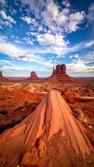 Desert landscape featuring towering sandstone buttes under a vibrant blue sky with scattered clouds