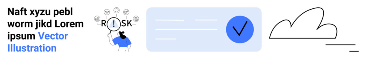 Obraz premium Risk management, data security, cloud storage, online verification, compliance, business solutions. Person analyzing risk, checkmark and cloud icon visual elements. Risk management and data security