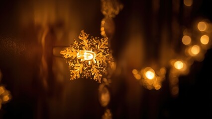 Close-up of a glowing golden snowflake light string, casting warm bokeh highlights on a dark background, festive and magical atmosphere