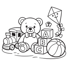 Vector illustration featuring several children's toys including a teddy bear, wooden blocks, a toy train, a kite, and a ball, arranged playfully with clean lines and cheerful style.